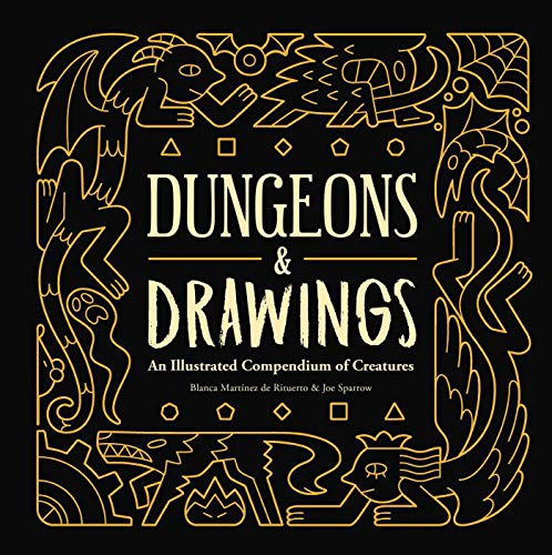 Book cover with gold line art of mythical creatures and bold title.