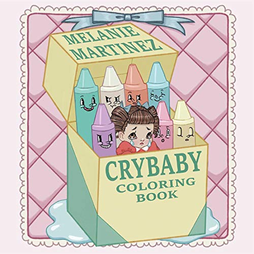 Cry Baby" coloring book cover with a sad girl and crayon box illustration.