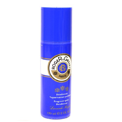Blue cylindrical deodorant spray can with Roger & Gallet logo.