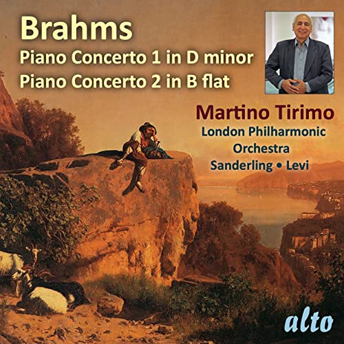 CD cover for Brahms piano concertos featuring Martino Tirimo and orchestra.