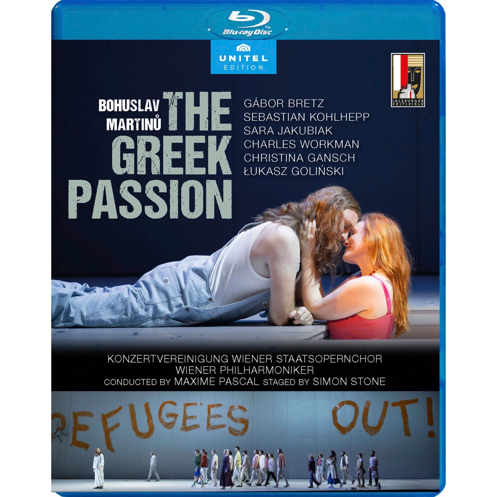 Blu-ray cover for "The Greek Passion" opera, featuring a couple and protest imagery.
