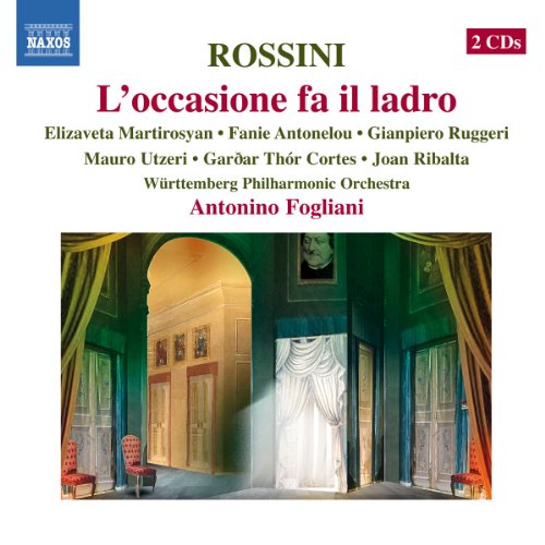 CD cover for Rossini’s “L’occasione fa il ladro” opera, featuring stage scene.