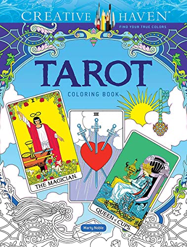 Tarot coloring book cover with illustrated cards and ornate details.