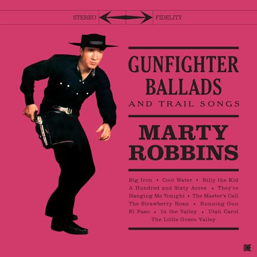 Marty Robbins in a cowboy hat and black outfit on a pink album cover.