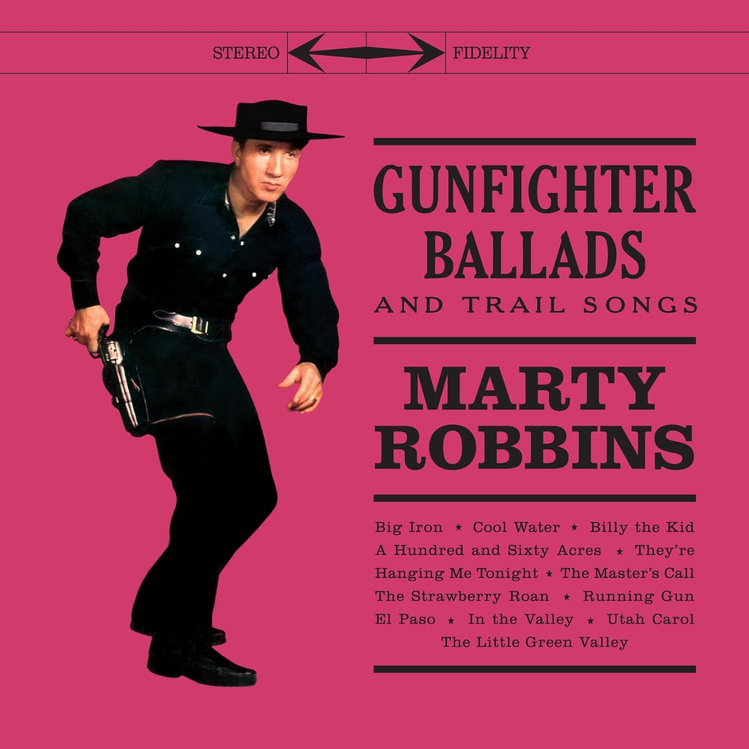 Marty Robbins wearing a cowboy hat and holster on a pink album cover.