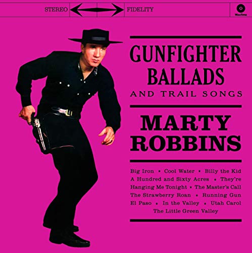 Marty Robbins wearing a cowboy hat and holster on a bright pink album cover.