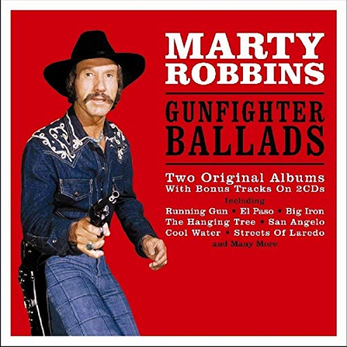 Marty Robbins album cover, red background, cowboy with gun, “Gunfighter Ballads.”