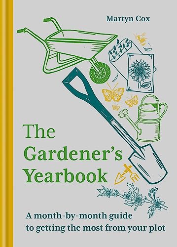 Book cover: "The Gardener's Yearbook" with gardening tools illustration.