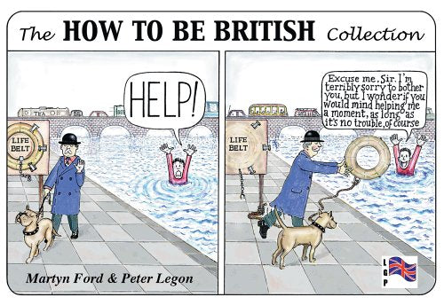 Cartoon showing a polite man offering a life belt to a person drowning.