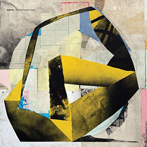 Abstract collage art with yellow and black geometric shapes on a textured paper background.