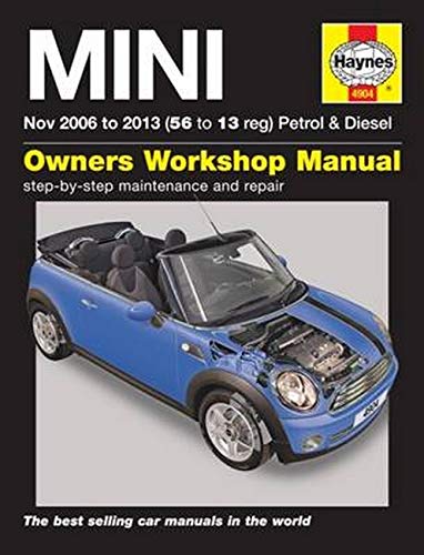 Haynes Mini Owners Workshop Manual cover featuring a blue convertible Mini car.