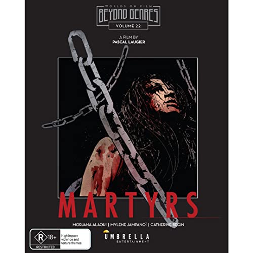 Martyrs" Blu-ray cover: woman with obscured face, chains, and red text.