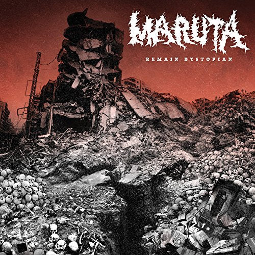 "Album cover art with a desolate landscape, rubble, and skulls under a red sky."