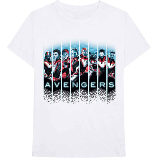 White t-shirt with Avengers character portraits in blue and red panels.