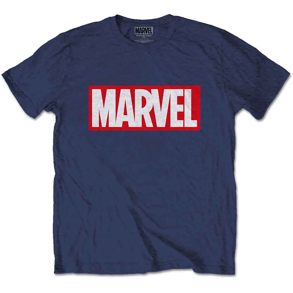 White t-shirt with a red box displaying the word "MARVEL" in white.