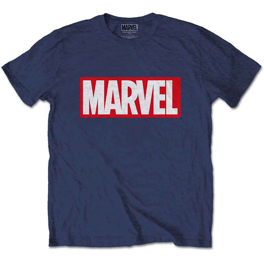 White t-shirt with a red box displaying the word "MARVEL" in white.