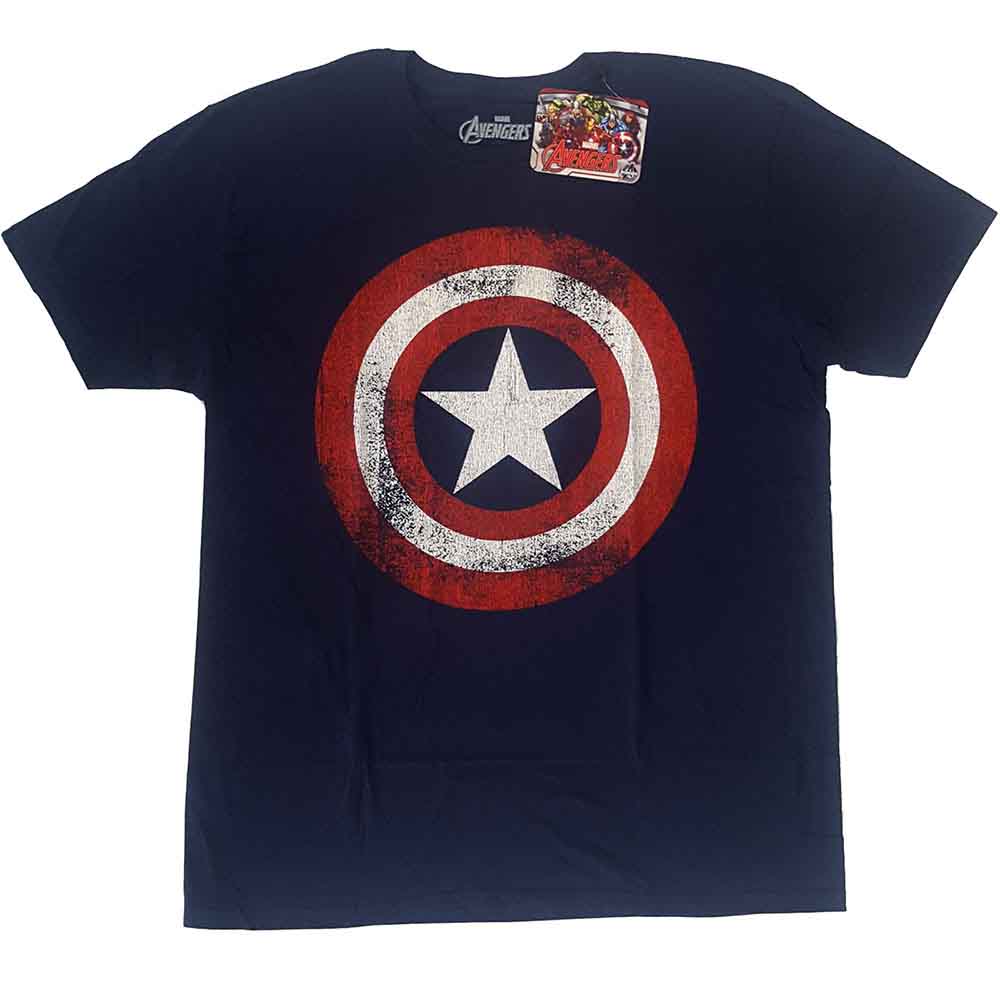 Navy blue t-shirt featuring a distressed Captain America shield graphic on the chest.