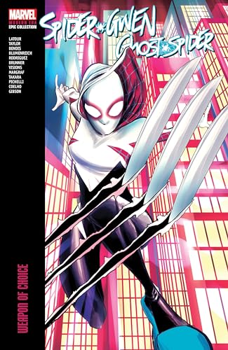 Spider-Gwen in a white and black suit, holding sharp, silver claws.