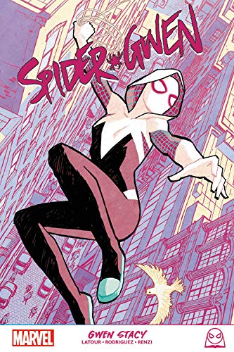 Spider-Gwen in a dynamic pose against a city backdrop, comic book cover.