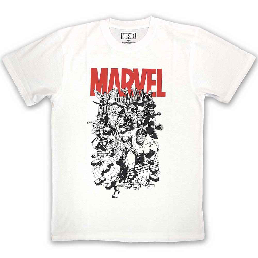Black and white Marvel Comics character designs on a small unisex t-shirt.