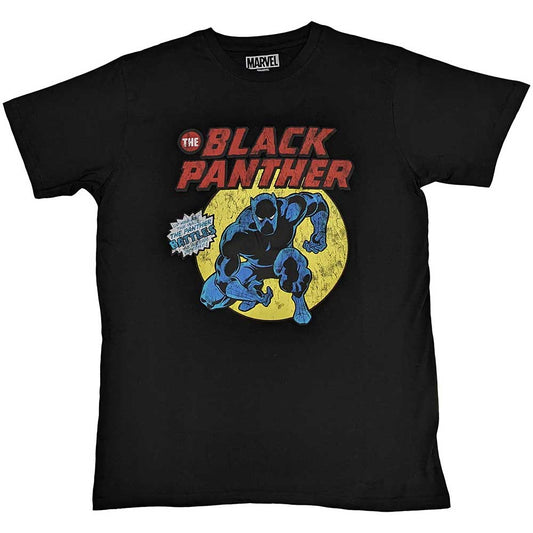 Black t-shirt featuring a vintage-style Black Panther comic book cover illustration on the front.