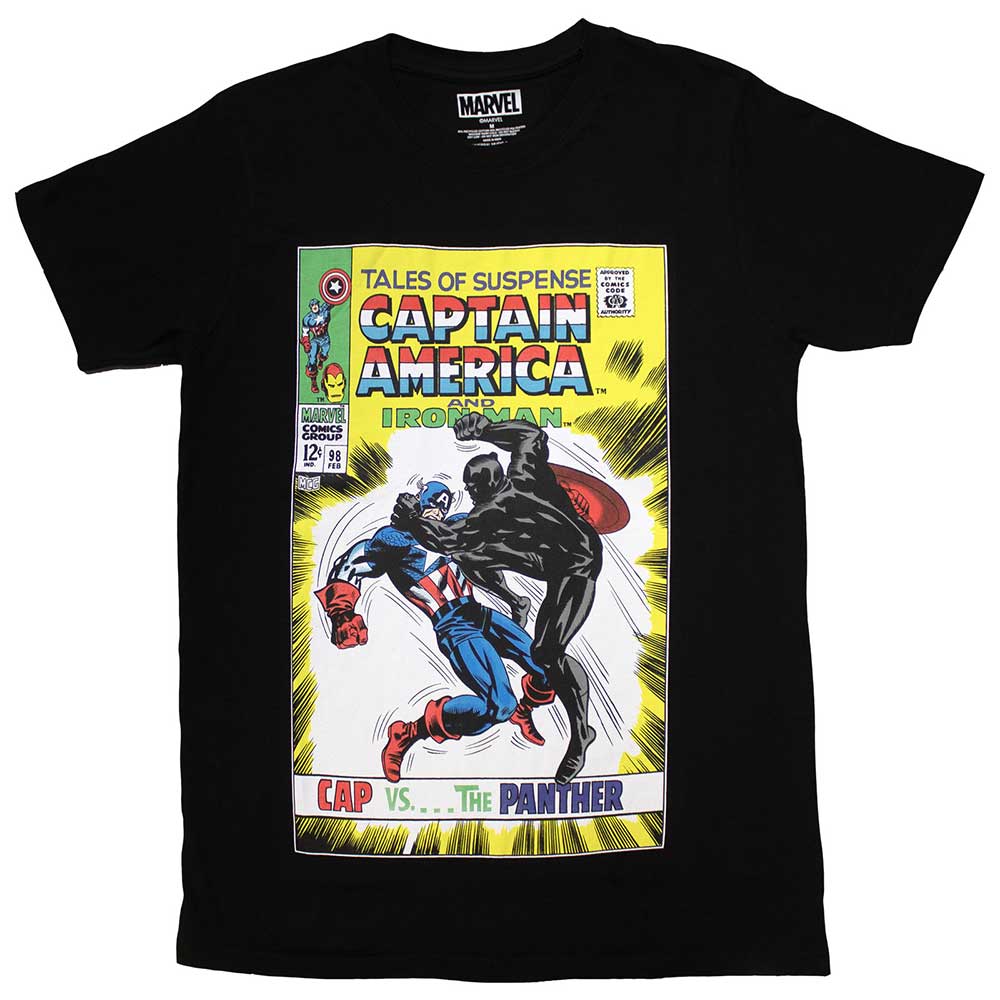 Black t-shirt featuring a comic book cover of Captain America fighting Black Panther.
