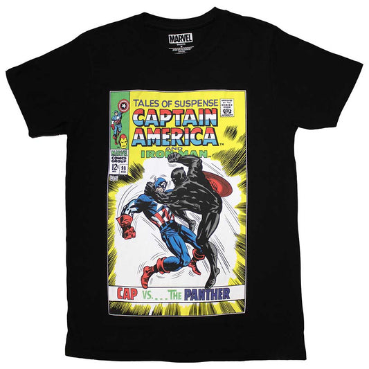 Black t-shirt featuring a comic book cover of Captain America fighting Black Panther.