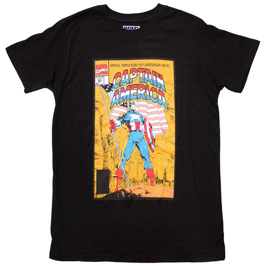 A navy blue unisex t-shirt featuring the vintage Captain America 50th anniversary comic cover.