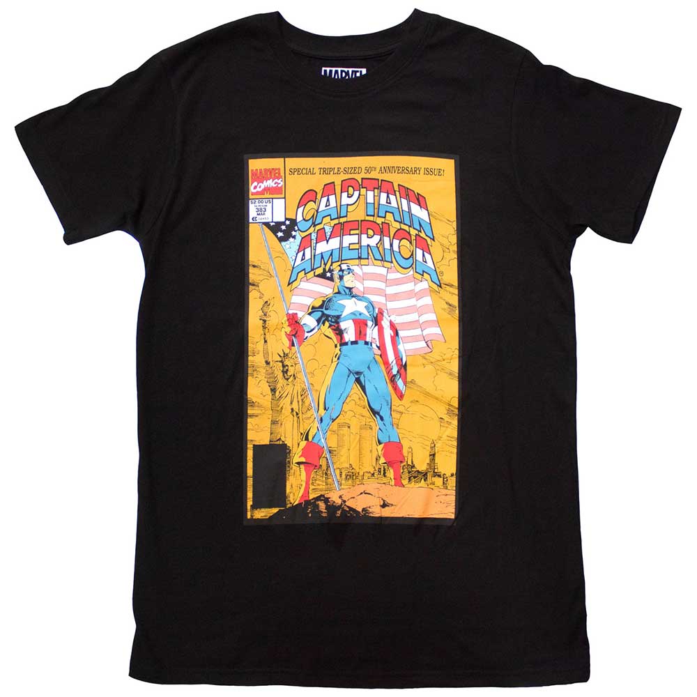 A navy blue unisex t-shirt featuring the vintage Captain America 50th anniversary comic cover.
