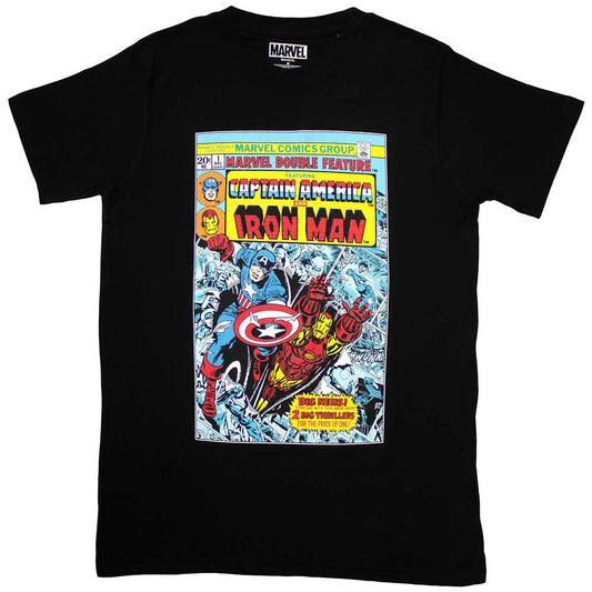 Large unisex t-shirt featuring a comic cover with Captain America and Iron Man.