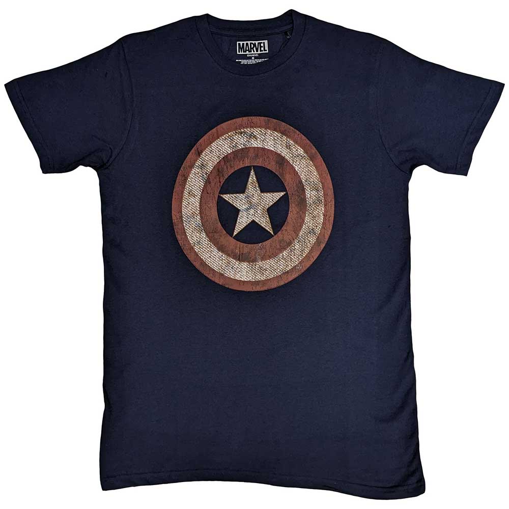 Navy blue t-shirt with Captain America's embroidered shield on the chest.