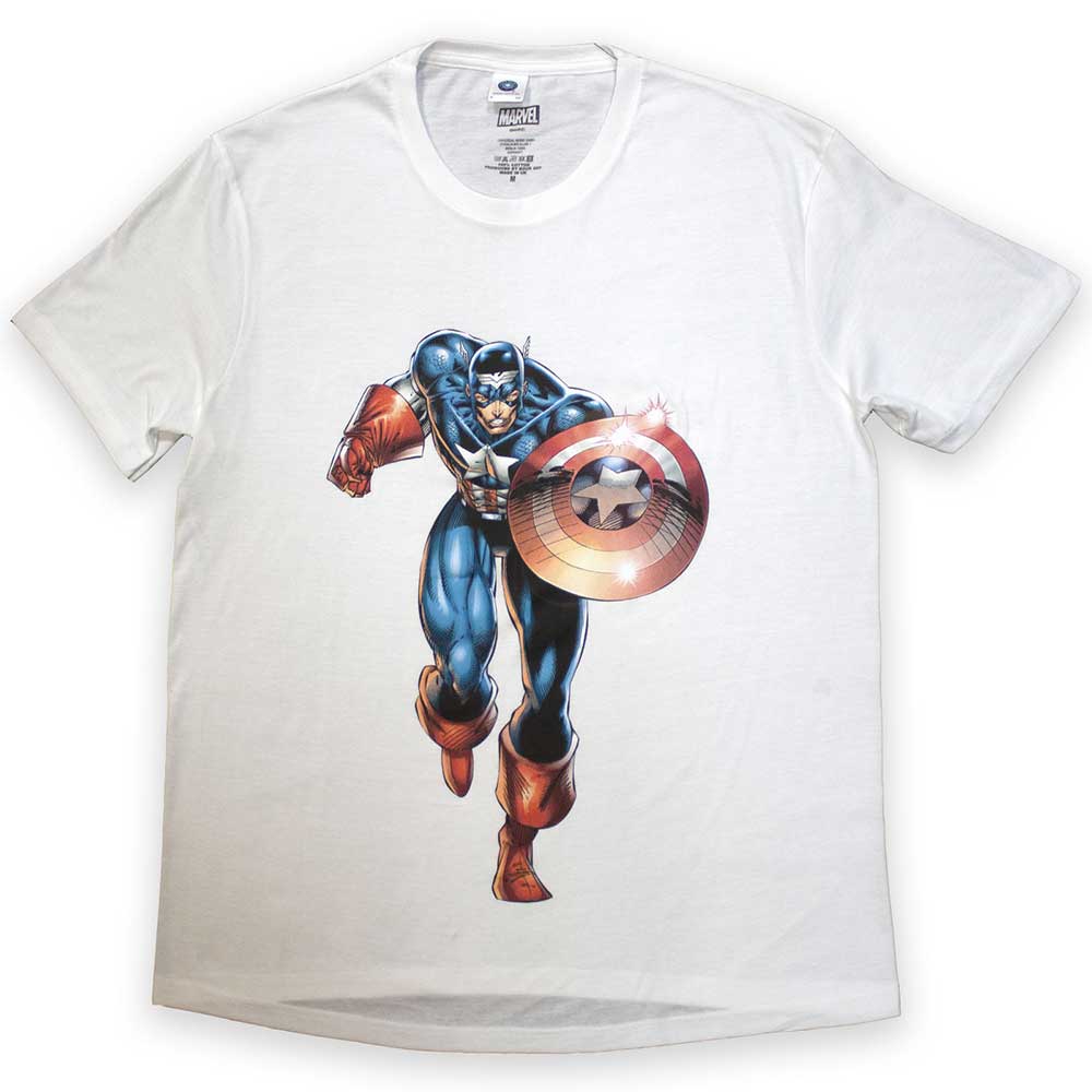 Captain America running graphic on a unisex, extra-large t-shirt.