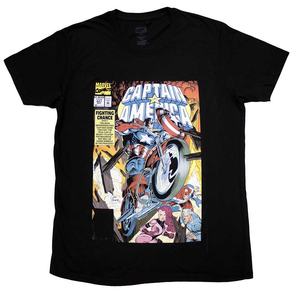 Black t-shirt with a Captain America comic book cover graphic.