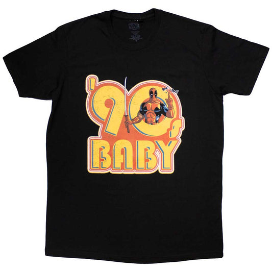 Deadpool in 90s baby clothes graphic on a small, unisex t-shirt.