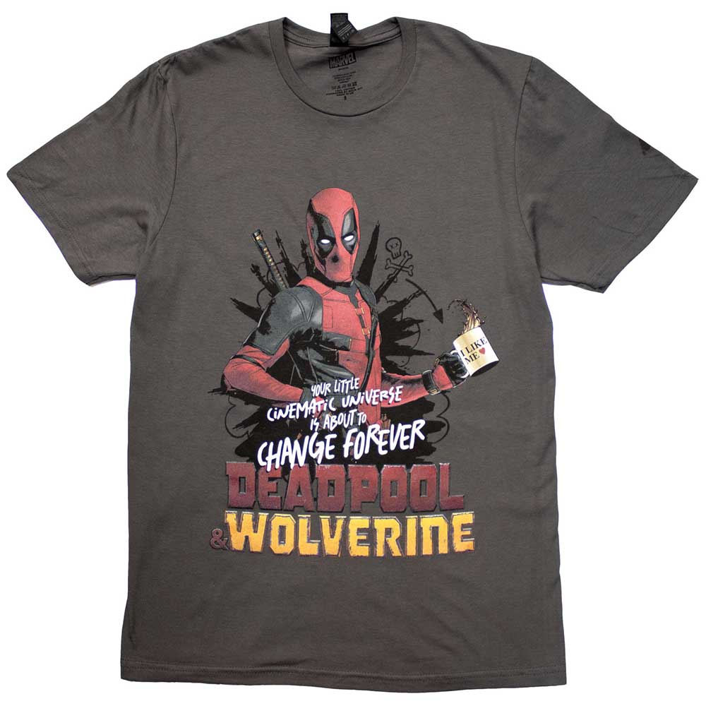 Black t-shirt featuring Deadpool and Wolverine artwork, likely colorful and dynamic.