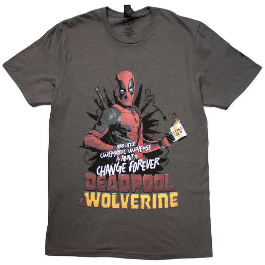 Black t-shirt featuring Deadpool and Wolverine artwork, likely colorful and dynamic.