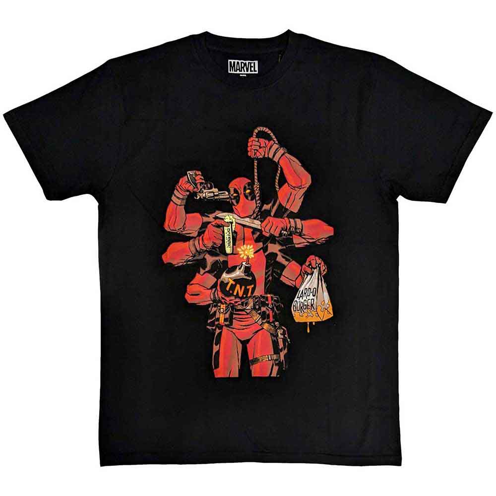 Black t-shirt with a colorful, multi-armed Deadpool illustration.
