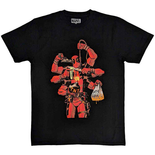 Black t-shirt with a colorful, multi-armed Deadpool illustration.