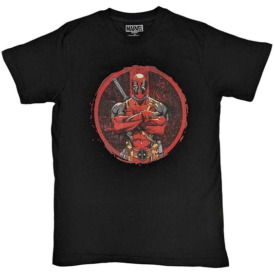 A black unisex t-shirt featuring a graphic of Deadpool with his arms crossed.