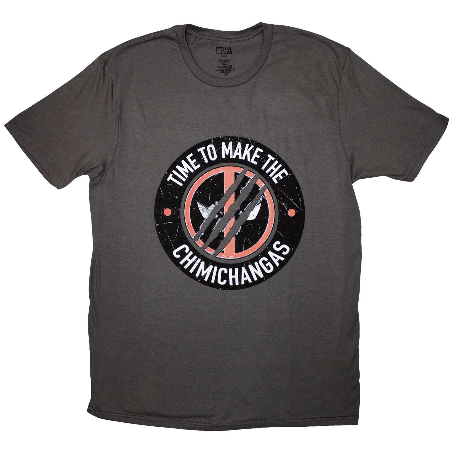 Black t-shirt featuring Deadpool holding chimichangas, Marvel logo, size XX-Large.