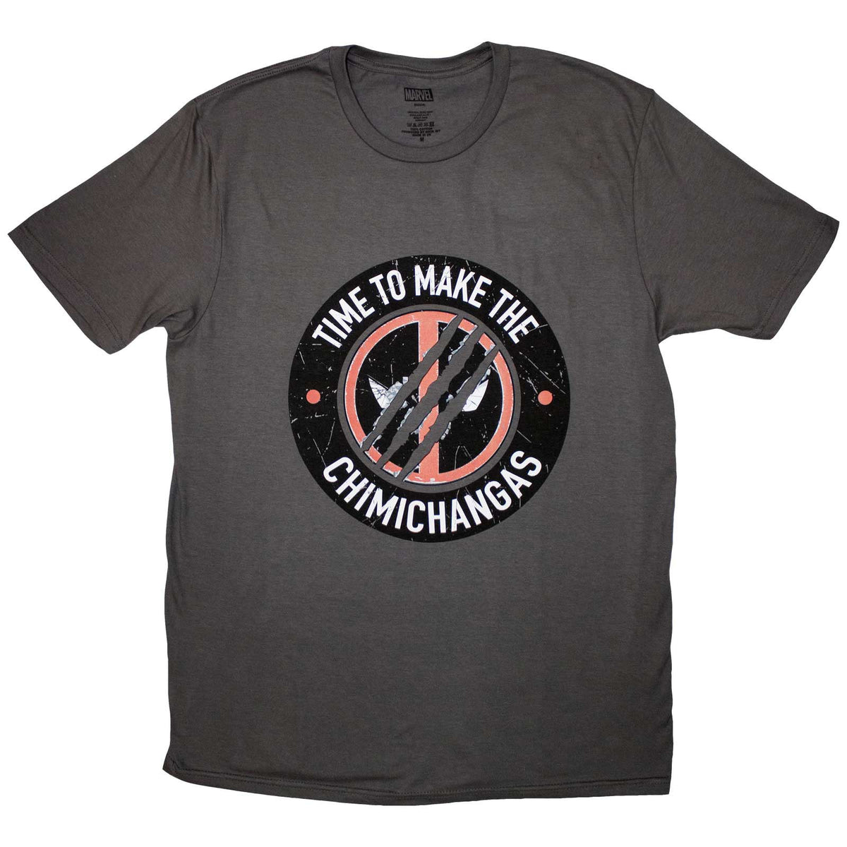 Black t-shirt featuring Deadpool holding chimichangas, Marvel logo, size XX-Large.