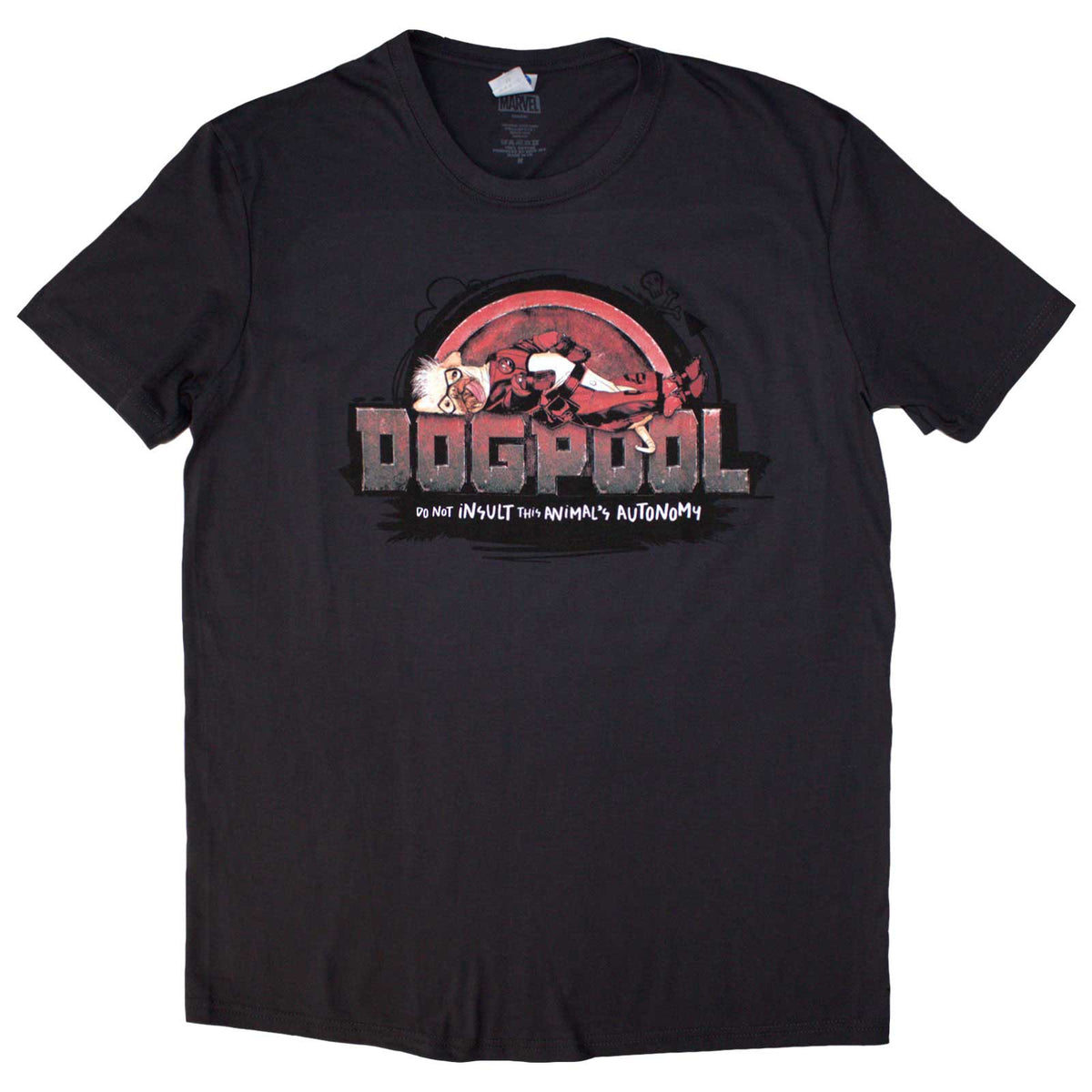 Deadpool as a dog, “Dogpool”, on a small, unisex Marvel t-shirt.