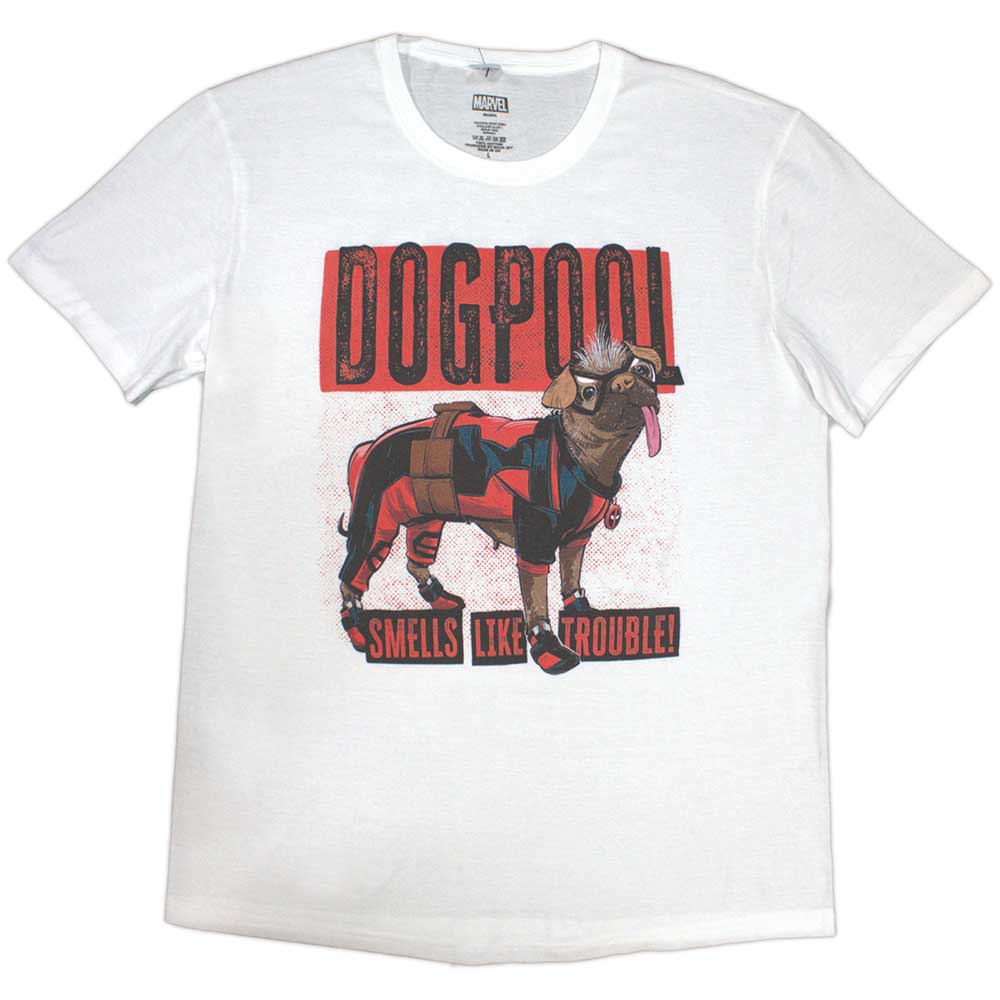 Deadpool as a dog, “Dogpool”, on a medium fit unisex t-shirt.