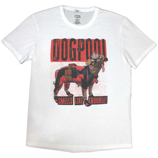 Deadpool as a dog, “Dogpool”, on a medium fit unisex t-shirt.