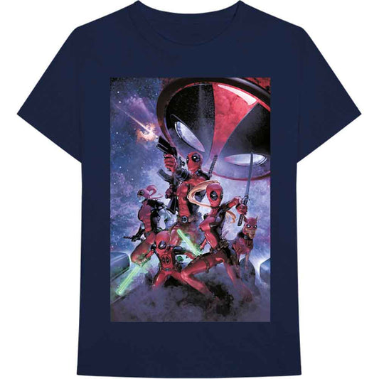 Navy blue t-shirt with Deadpool and family comic art print.