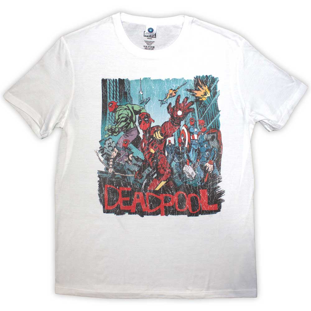 Medium t-shirt featuring vintage-style Deadpool comic book hero scene.