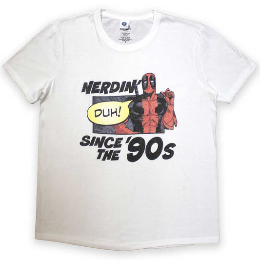 Deadpool graphic t-shirt, likely red and black, referencing 1990s nostalgia.
