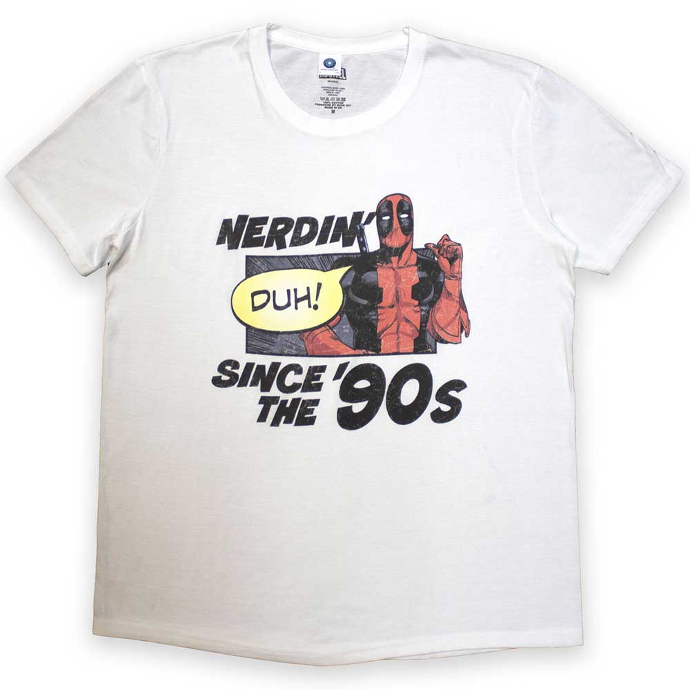 Deadpool graphic t-shirt, likely red and black, referencing 1990s nostalgia.