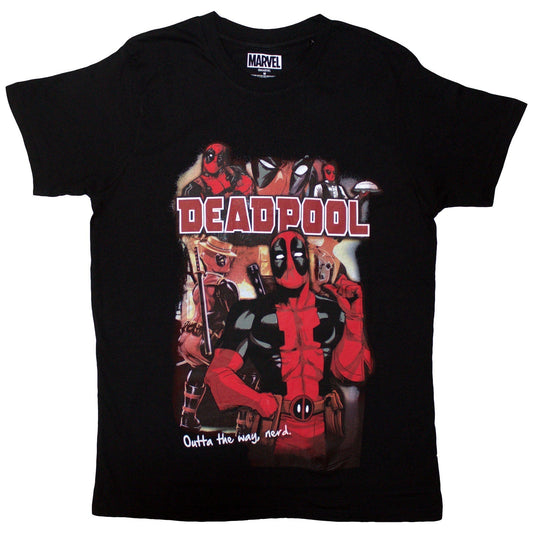 Black t-shirt featuring Deadpool with text “Outta The Way Nerd”.