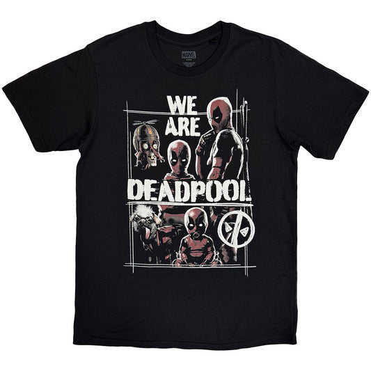 Black t-shirt featuring Deadpool’s face repeating in a pattern, size large.